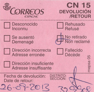 A sticker on an envelope that was returned by the Spanish post office.